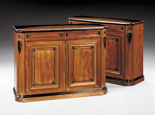 A PAIR OF NAPOLEON III BRASS-INLAID EBONIZED AND MAHOGANY SIDE CABINETS,