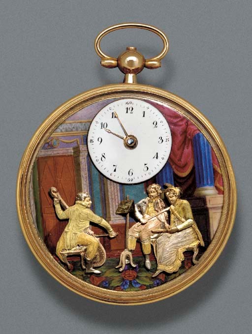 A GOLD AND ENAMEL OPEN FACED AUTOMATON AND MUSICAL POCKET WATCH, Swiss, circa 1800