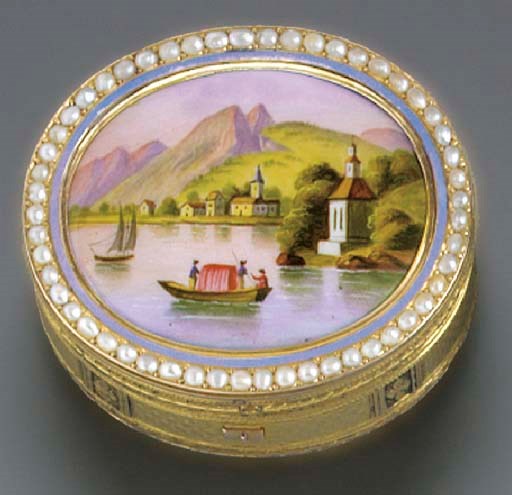 A SWISS SPLIT-PEARL BORDERED AND ENAMELLED GOLD MUSICAL BOX