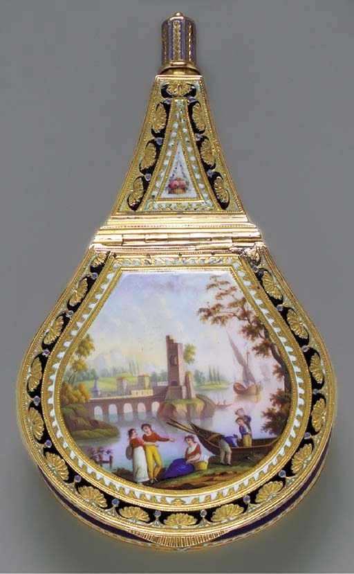 A SWISS GOLD AND ENAMEL SNUFF BOX WITH COMBINED SCENT BOTTLE