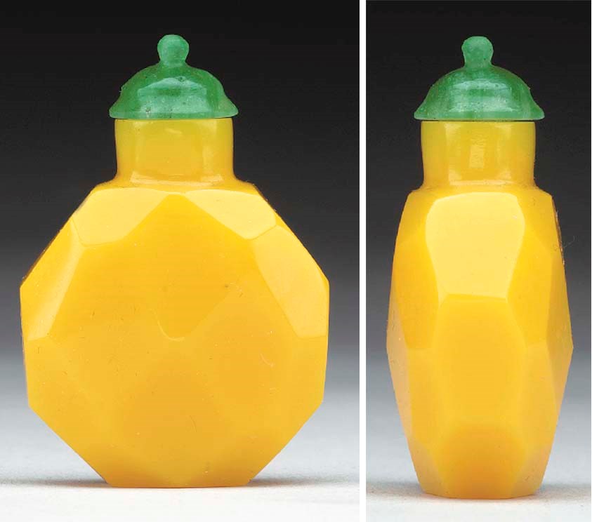 A VERY RARE MINIATURE IMPERIAL-YELLOW FACETED GLASS BOTTLE