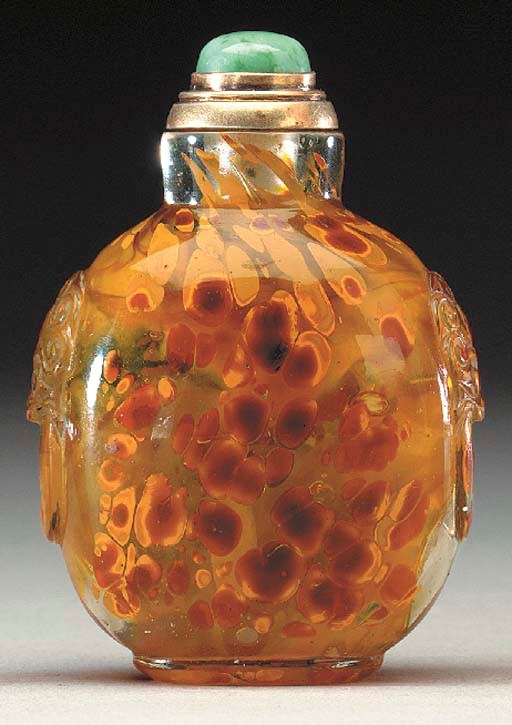 A SANDWICHED REALGAR-SPLASHED CLEAR GLASS BOTTLE