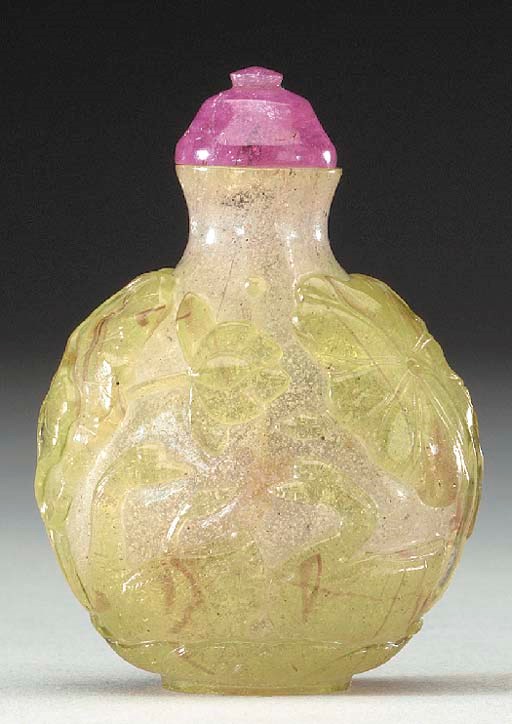A RARE PALE GREEN OVERLAY 'SNOWSTORM' GLASS BOTTLE