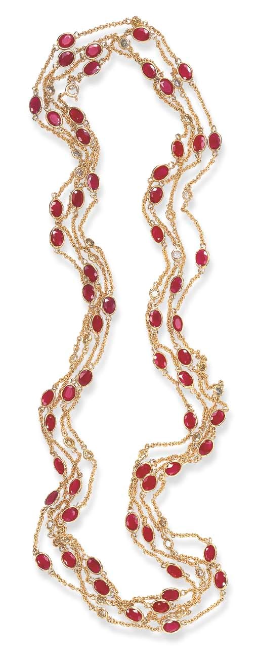 A RUBY AND YELLOW DIAMOND COLLET LONGCHAIN NECKLACE