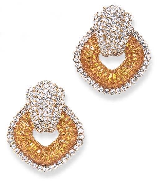 A PAIR OF DIAMOND AND YELLOW SAPPHIRE EAR PENDANTS, BY SABBADINI