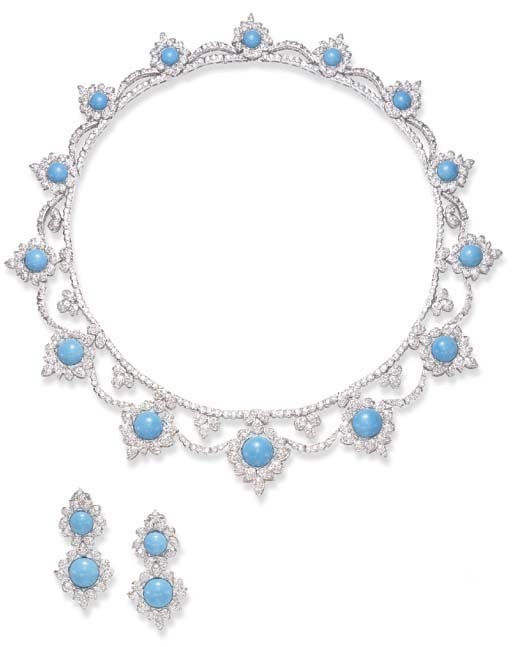 AN ATTRACTIVE SUITE OF TURQUOISE AND DIAMOND JEWELRY