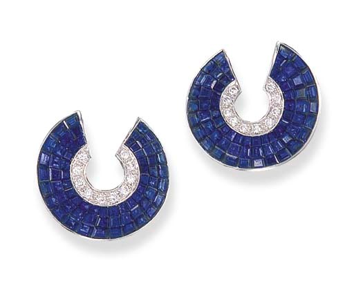 A PAIR OF SAPPHIRE AND DIAMOND EAR CLIPS