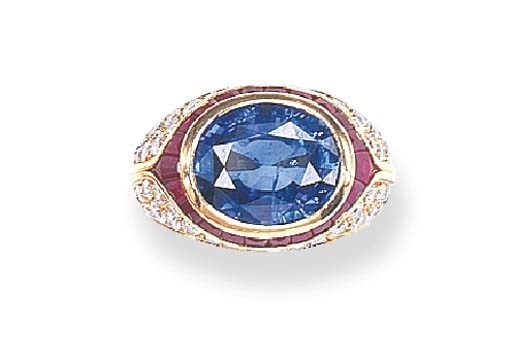 A SAPPHIRE, RUBY AND DIAMOND RING, BY BULGARI