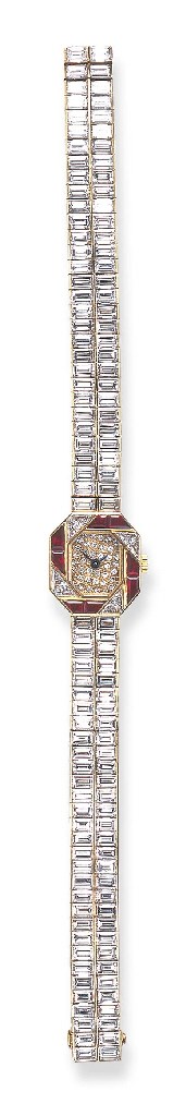 A DIAMOND AND RUBY WRISTWATCH, BY PIAGET