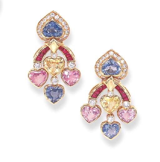 A PAIR OF SAPPHIRE, RUBY AND DIAMOND EAR PENDANTS, BY BULGARI
