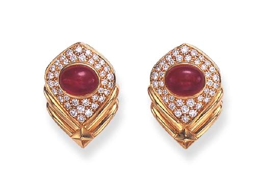 A PAIR OF RUBY AND DIAMOND EAR CLIPS, BY BULGARI