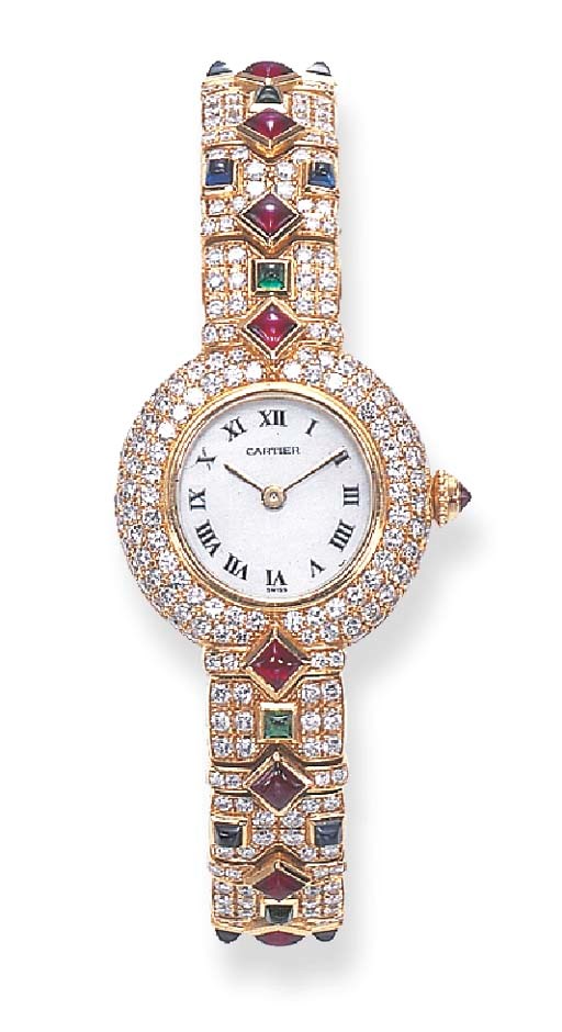 A MOTHER-OF-PEARL AND GEM-SET WRISTWATCH, BY CARTIER