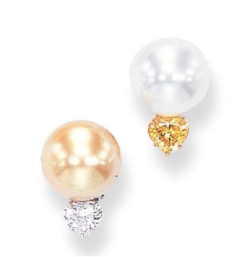 A PAIR OF CULTURED PEARL, DIAMOND AND FANCY VIVID YELLOW DIAMOND EAR CLIPS