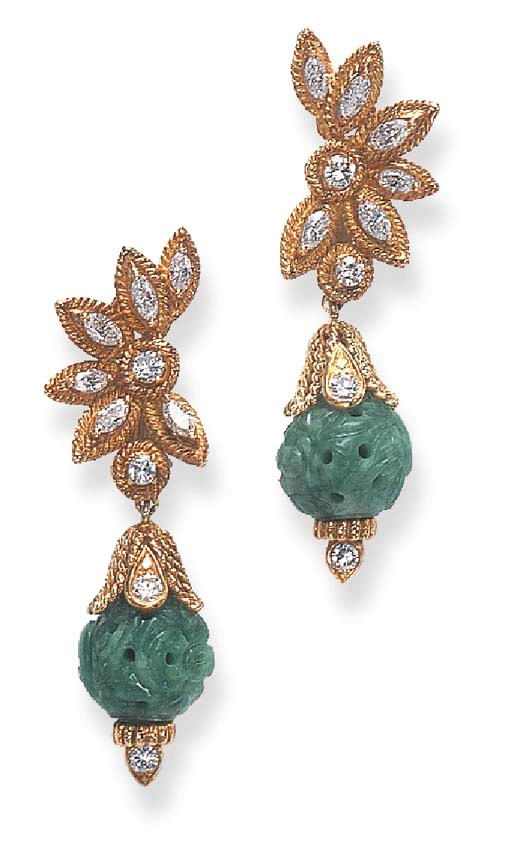 A PAIR OF JADEITE AND DIAMOND EAR PENDANTS, BY VAN CLEEF & ARPELS