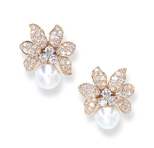 A PAIR OF DIAMOND AND CULTURED PEARL EAR CLIPS, BY VAN CLEEF & ARPELS