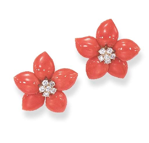 A PAIR OF CORAL AND DIAMOND EAR CLIPS, BY VAN CLEEF & ARPELS