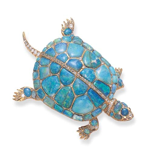 A RARE ANTIQUE OPAL, DIAMOND AND RUBY TURTLE BROOCH