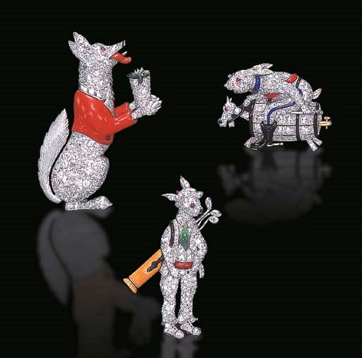 AN AMUSING GROUP OF GEM-SET AND ENAMEL ANIMAL BROOCHES, BY RAYMOND C. YARD
