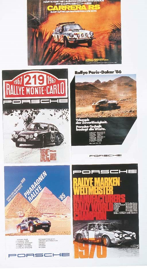 Porsche - five original Porsche rally posters: 1967 Rally Monte Carlo; 1970 World Championship; 1974 East Africa Safari Rally; 1985 959 Pharaonen Rally; 1986 Rallye Paris-Dakar.