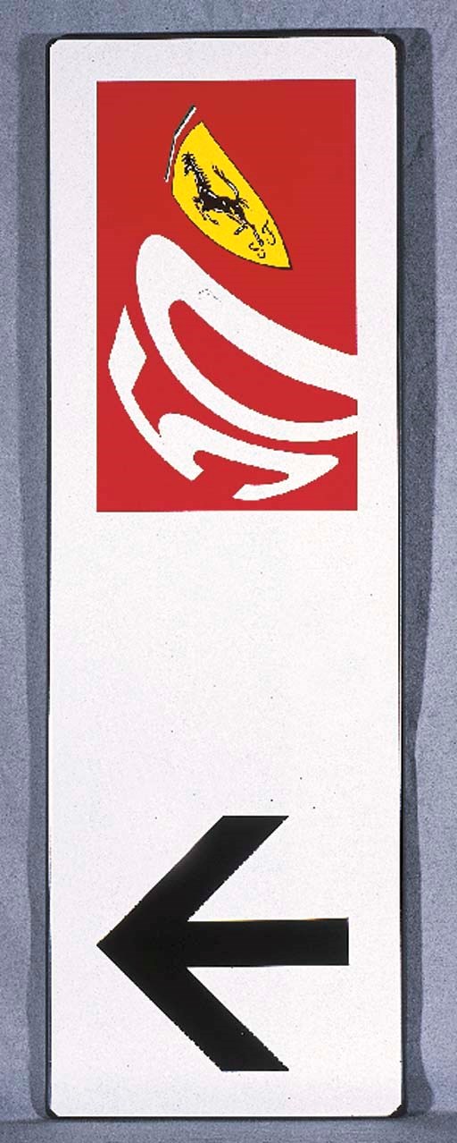 Ferrari - 50th Anniversary Rally, an enamelled route direction sign from the event. 12 x 36 ins (30 x 90 cm)
