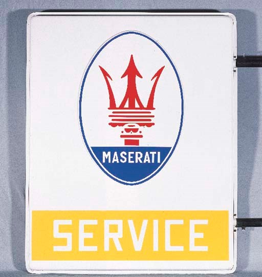 Maserati Service - An original garage workshop sign, double sided, printed perspex with mounting brackets c1970s.  39x31 ins (99 x 79 cm).