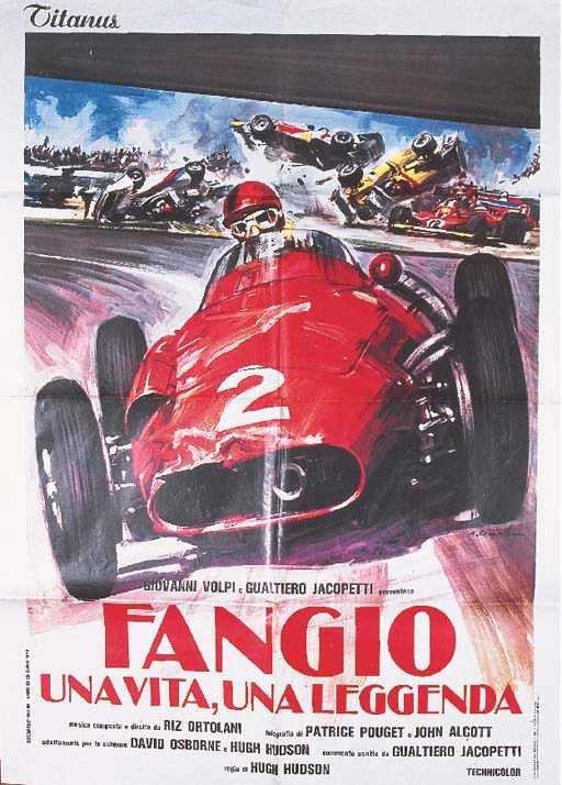 Juan Manuel Fangio-Una Vita Allora 300 km, an original film poster depicting "the maestro" driving 250F Maserati, large format, unmounted with old fold marks.