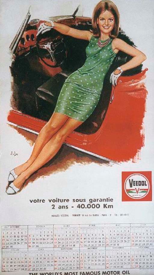 Veedol - Calendar 1967 - decorative imagery featuring Ferrari-style sports car, design artwork by Aslan.