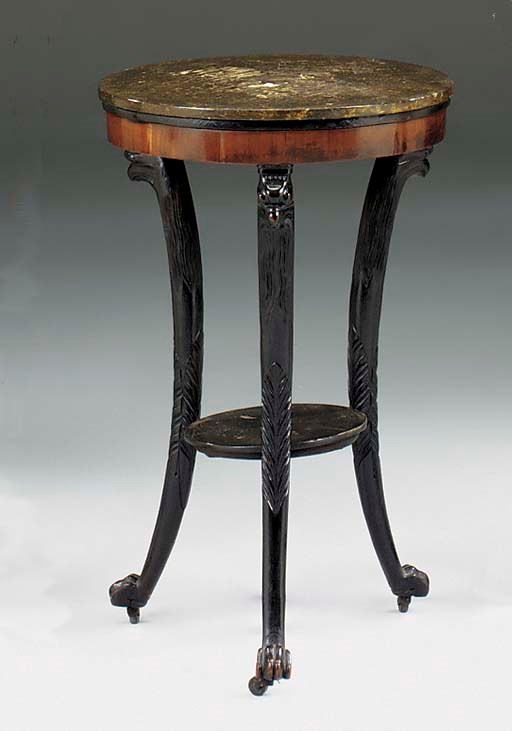 A CONTINENTAL EBONISED, MAHOGANY AND BRONZE SIMULATED GUERIDON OR OCCASIONAL TABLE, EARLY 19TH CENTURY, FRENCH, POSSIBLY GERMAN