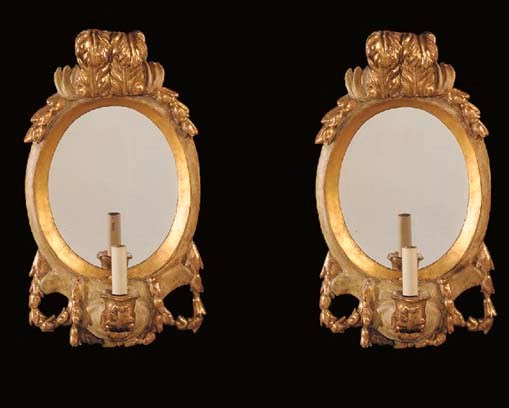 A PAIR OF ITALIAN DECORATED AND GILTWOOD GIRANDOLES, 18TH CENTURY