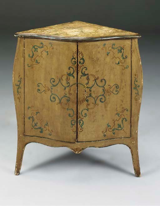 AN ITALIAN DECORATED CORNER CUPBOARD, 18TH CENTURY