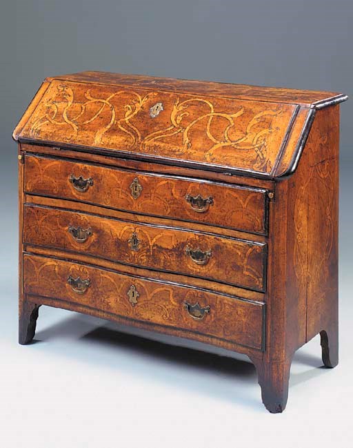 AN ITALIAN WALNUT AND MARQUETRY BUREAU, 18TH CENTURY