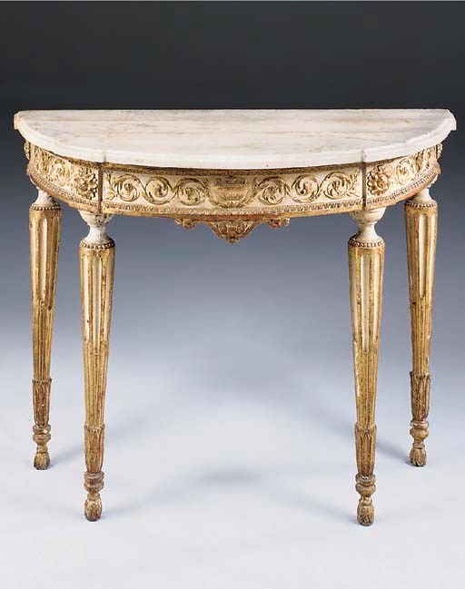 AN ITALIAN CREAM PAINTED AND CARVED GILTWOOD DEMI-LUNE CONSOLE, 18TH CENTURY, IN THE MANNER OF BONZANIGO