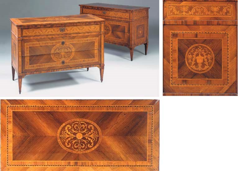 A PAIR OF NORTH ITALIAN KINGWOOD, TULIPWOOD, CROSSBANDED AND MARQUETRY RECTANGULAR COMMODES, LATE 18TH CENTURY, in the manner of Maggiolini