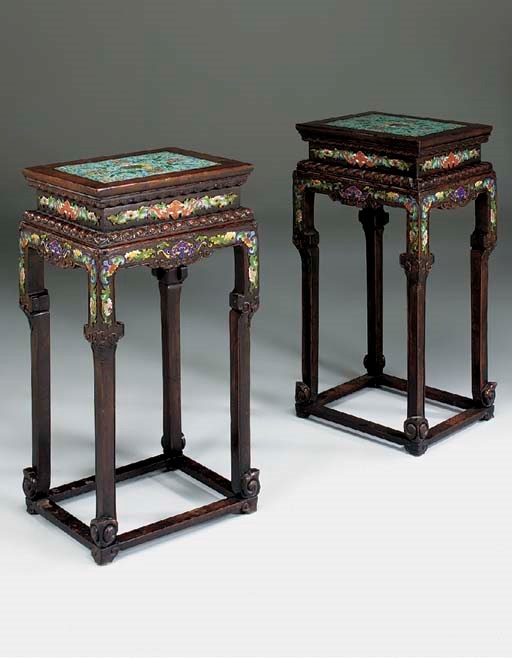 A PAIR OF CHINESE HARDWOOD AND CLOISONNE TABLES, 20TH CENTURY