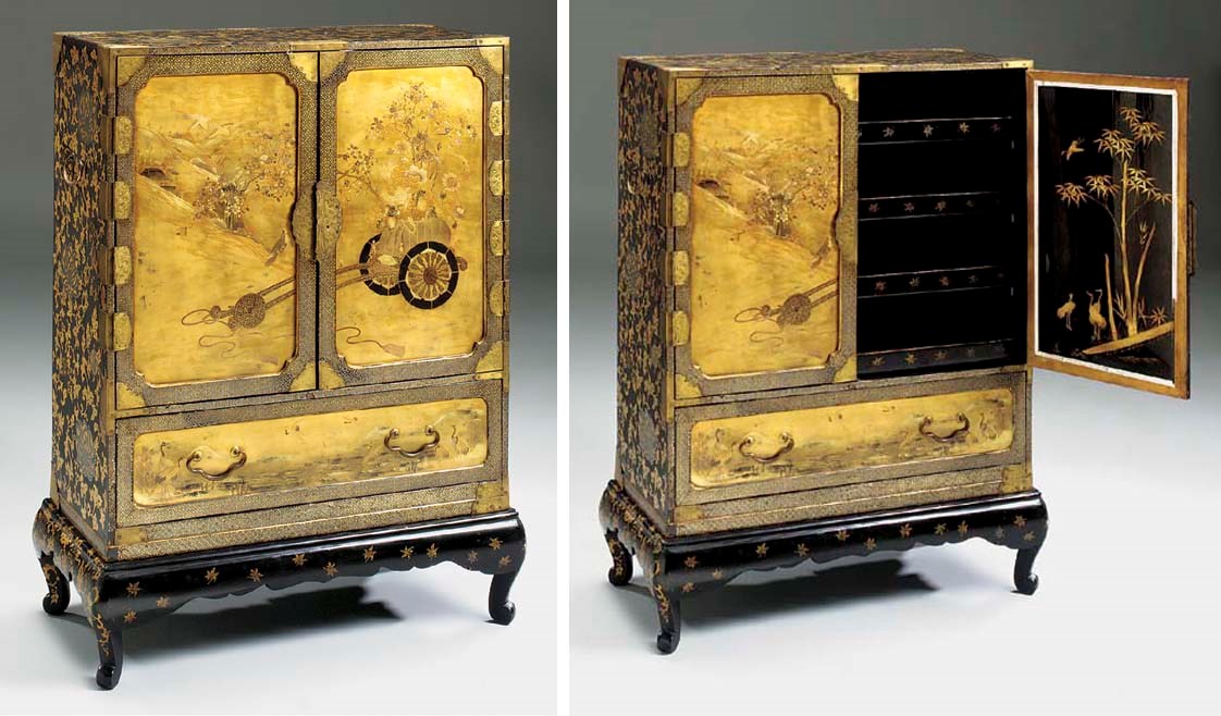 A JAPANESE BLACK AND GOLD LACQUER CABINET ON STAND, 19TH CENTURY