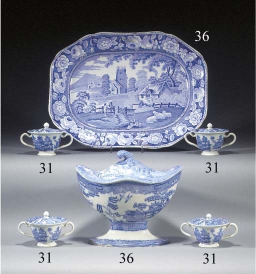Four blue and white two handled cups and covers
