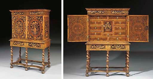 A WILLIAM AND MARY OYSTER-VENEERED WALNUT, ASH, EBONY AND FLORAL MARQUETRY CABINET-ON-STAND