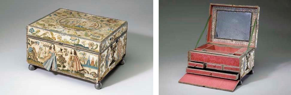 A CHARLES II STUMPWORK AND SILK AND SILVER THREAD-EMBROIDERED WRITING BOX