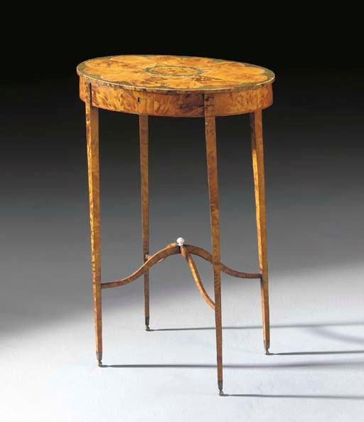 A GEORGE III MOTHER-OF-PEARL AND IVORY-INLAID TORTOISESHELL AND GREEN-STAINED TORTOISESHELL WORK TABLE**