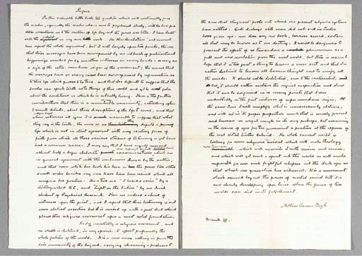 DOYLE, Arthur Conan, Sir. Autograph manuscript signed ("Arthur Conan Doyle"), a draft of the Introduction to The Undiscovered Country, n.p., 20 March [1918]. 2 pages, folio, rectos only, professionally repaired along folds. [With:] Bayley, Harold, ed. The Undiscovered Country. London: Cassell and Company, 1918. 8o. Original cloth.