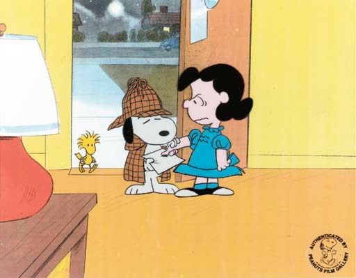 [PEANUTS]. Gouache on celluloid applied to a color backgrond, showing Snoopy dressed in Sherlockian garb taking a fingerprint from Lucy as Woodstock walks through the door, from It's a Mystery, Charlie Brown, originally aired 1 February 1974, with Peanuts Film Gallery sticker in lower right corner, image 4¼ x 5½ in. overall, sight 9 x 11 3/8 in. Matted, glazed and framed with Peanuts Film Gallery certificate of authenticity on verso. The artwork for this production was created by the artists at Bill Melendez Productions, in association with Lee Mendelson Productions and the creator of Peanuts, Charles M. Schultz.