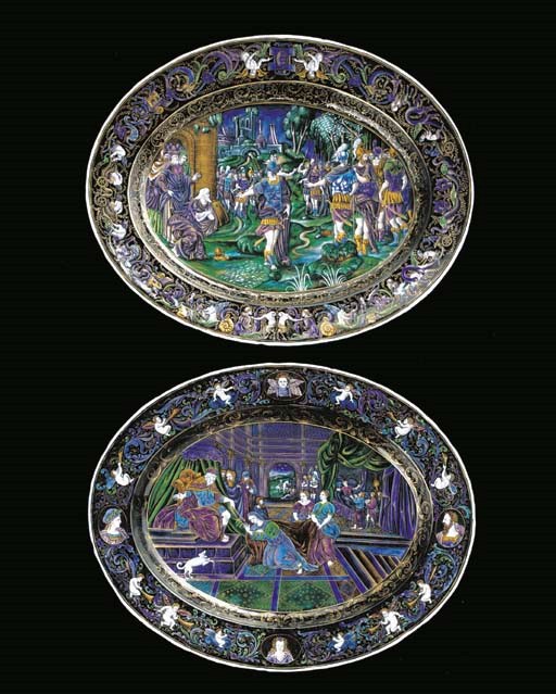 A pair of fine Renaissance style Limoges enamel oval chargers