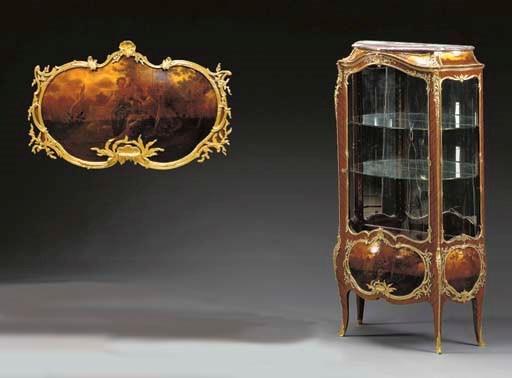 A Louis XV style ormolu-mounted tulipwood and vernis Martin bombe vitrine