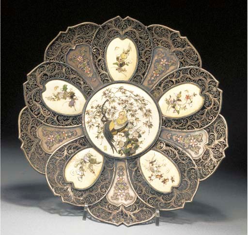 A Japanese Shibyama-style silver and ivory foliate dish
Meiji Period
