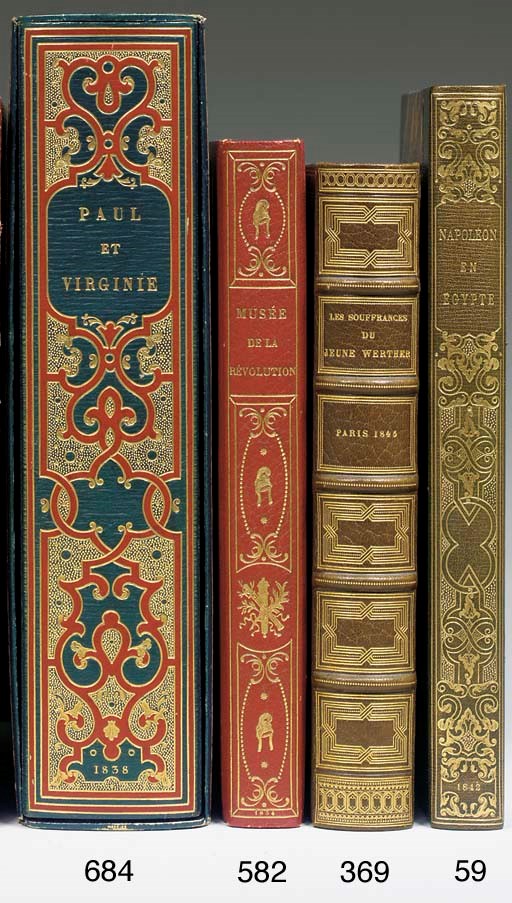 GOETHE, Johann Wolfgang von (1749-1832). Les Souffrances du Jeune Werther. Traduits par le comte Henri de la B... Paris: Imprimerie de Crapelet, 1845. In-8 (233 x 145 mm.) Reliure moderne en maroquin olive, plats richement ornés de filets dorés en encadrement, dos orné à nerfs, tranches dorées. (Cuzin.)