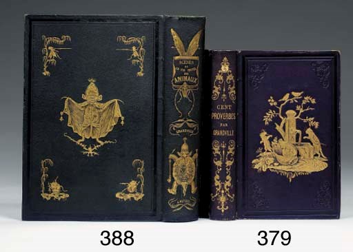 [GRANDVILLE (1803-1847)] -- Scènes de la Vie Privée et Publique des Animaux. [Paris: Hetzel, 1842]. Grand in-8 (275 x 183 mm.). Reliure de l'éditeur en chagrin vert, chaque plat inviduellement orné d'une plaque dorée, dos lisse orné.
