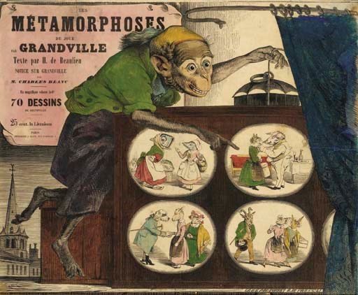 [GRANDVILLE (1803-1847)] -- Affiche: Les Métamorphoses du Jour. Affiche de librairie (510 x 610 mm.), gravée sur bois d'après le dessin de Grandville par Porret, coloriée au pochoir, imprimée par J. Claye. S.d. (Restaurations.)