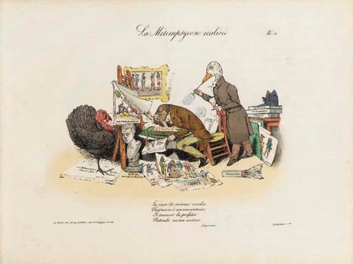 GRANDVILLE (1803-1847). La Métempsychose Réalisée. Bruxelles: Chez Daims, Paris: Chez Méant, [vers 1840]. Album in-folio oblong (330 x 250 mm.). Reliure moderne en demi-toile rouge.