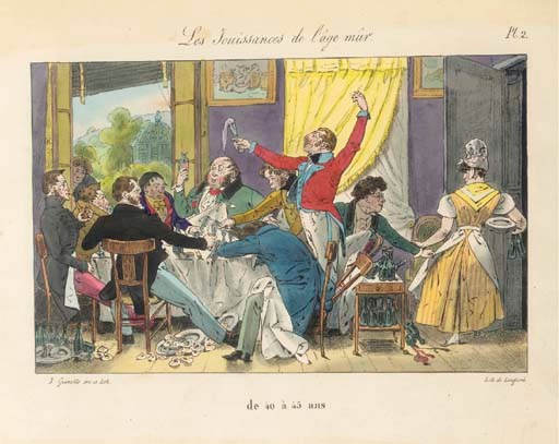 GRANDVILLE (1803-1847). Chaque Age a Ses Plaisirs. Dix tableaux composés et lithographiés. Paris: Gihaut, imprimerie de Langlumé, [1827]. Album in-folio oblong (340 x 250 mm.). Cartonnage de l'éditeur, plat supérieur avec titre imprimé, (frotté).