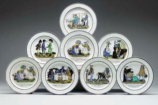 [GRANDVILLE (1803-1847)] -- Série composite de huit assiettes à dessert en faïence fine française (manufacture de Paillart et Hautin à Choisy) du début XIXe siècle.